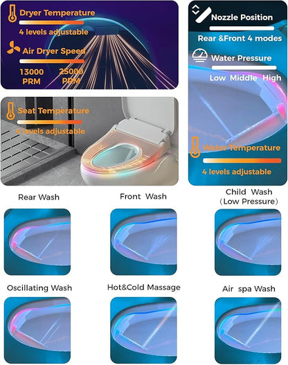 DC02 iCleaningo Electric Bidet Toilet Seat, Auto Open & Close Lid, Heated Seat, Adjustable Wash & Dry, 360° Handheld Sprayer, 42-Color Dual-Ring Ambient Light, Elongated, Remote
