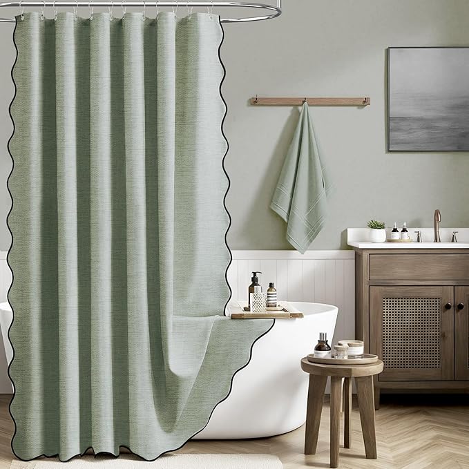 BTTN Long Shower Curtain, 72×80 Boho Scalloped Linen Textured Heavy Duty Fabric Shower Curtain Set with 12 Plastic Hooks, Tall Neutral Country Vintage Waterproof Shower Curtain for Bathtub, Sage Green