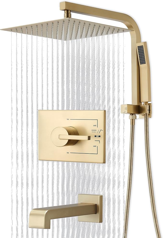 Shower Faucet Set with Tub Spout and 12" Gold Shower Head with Handheld | 12-inch rainhead, 3-function diverter, 304 stainless tub spout, brass pressure balancing shower valve, brushed gold finish