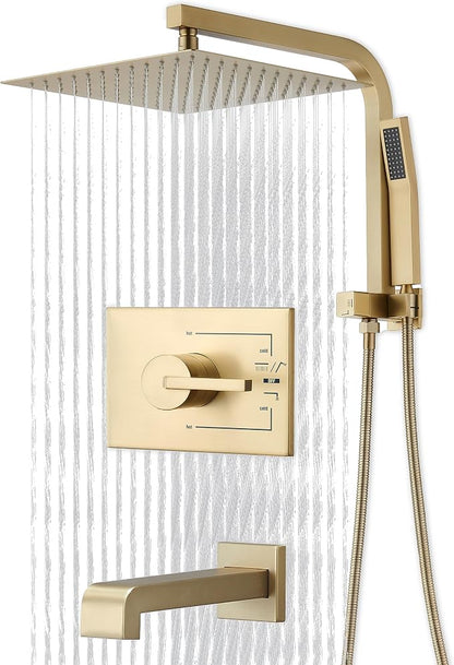 Shower Faucet Set with Tub Spout and 12" Gold Shower Head with Handheld | 12-inch rainhead, 3-function diverter, 304 stainless tub spout, brass pressure balancing shower valve, brushed gold finish