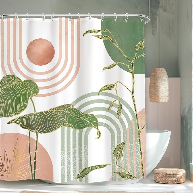 Glawry Pink and Green Boho Shower Curtain Abstract Mid Century Palm Tree Leaves Bathroom Minimalist Tropical Modern 60Wx72L Inches Bath Accessories Art Home Decor Fabric 12 Pack Hook