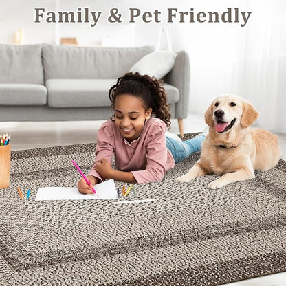 Imitation Braided Collection-Print 4x6 Bedroom Washable Area Rug Dining Room Throw Carpet with Non Slip Rubber Backing, Farmhouse Soft Low Pile Rustic Accent Rug for Living Room Home Decor