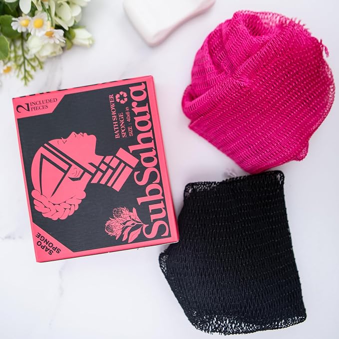 Authentic African Net Sponge, 2 Pack 45-Inch Exfoliating Bath Sponge and Shower Loofah for Body and Back, Colorfast Quick-Dry Knotted Mesh Scrubber with Travel Pouch (Black & Pink)
