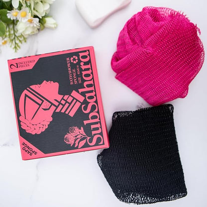 Authentic African Net Sponge, 2 Pack 45-Inch Exfoliating Bath Sponge and Shower Loofah for Body and Back, Colorfast Quick-Dry Knotted Mesh Scrubber with Travel Pouch (Black & Pink)
