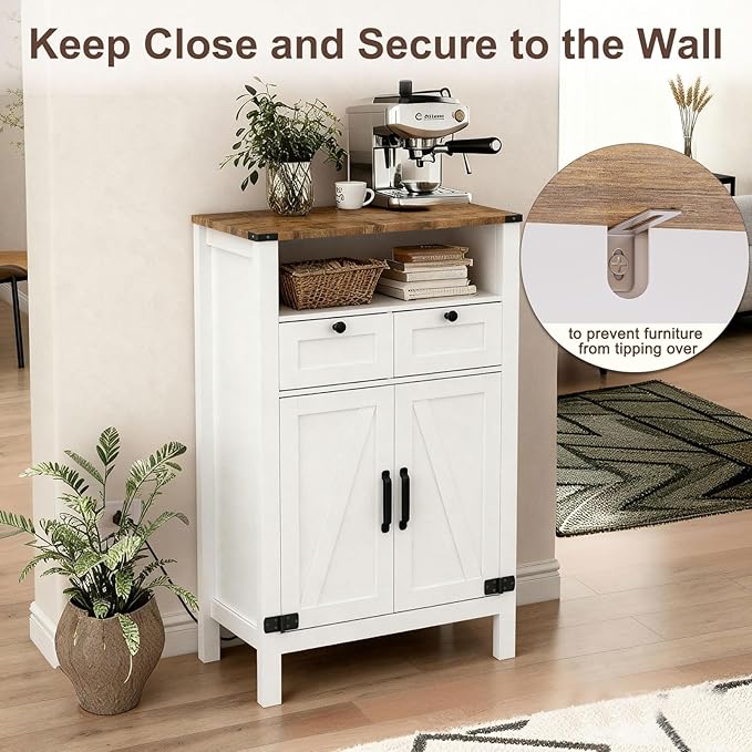 Bathroom Floor Cabinet with Outlets, Farmhouse White Cabinet with Doors, Drawer, Bathroom Storage Cabinet Hutch Cupboard Organizer for Kitchen Pantry, Laundry, Entryway, Rustic