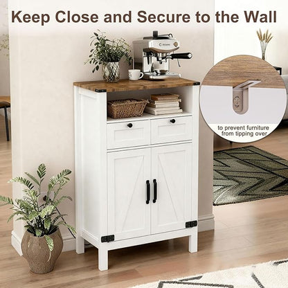 Bathroom Floor Cabinet with Outlets, Farmhouse White Cabinet with Doors, Drawer, Bathroom Storage Cabinet Hutch Cupboard Organizer for Kitchen Pantry, Laundry, Entryway, Rustic