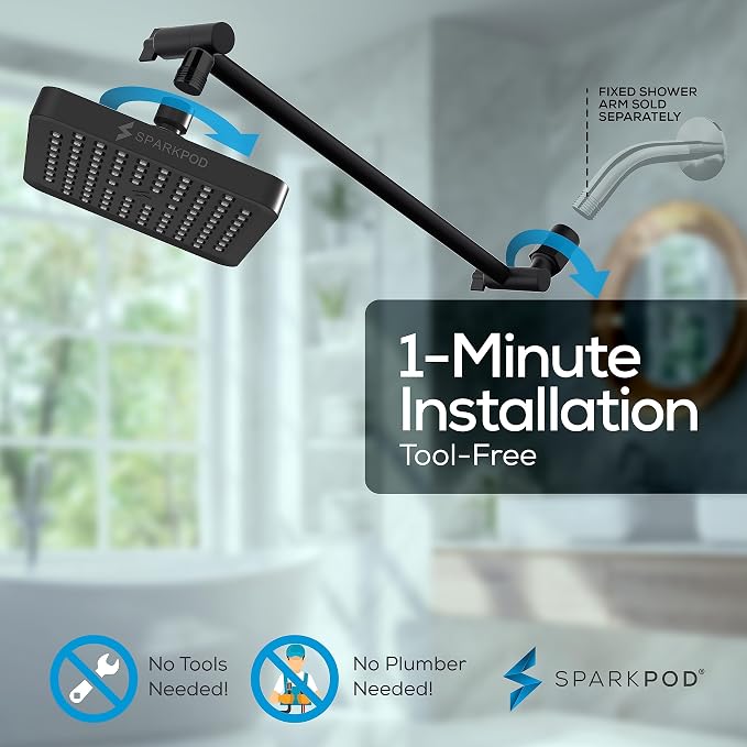 SparkPod 6" Square Rain Shower Head with 16" Shower Arm | Shower Head & Extension Arm Combo, Height Adjustable, High Pressure Performance, Easy 1-Minute Installation, Black Matte
