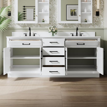 80-Inch Bathroom Vanity with Double Sinks W/ 4 Doors & 4 Drawers & 2 Flip Drawers, White Vanity W/Matte Black Handles
