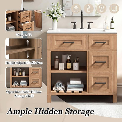 30" Mid-Century Bathroom Vanity with SMC Sink (Natural Wood Style2, 30") | Ample Storage Space with 2 Drawers, Adjustable Shelves & Open Breathable Hollow Shelf, Solid Wood Legs, Matte Black Handles