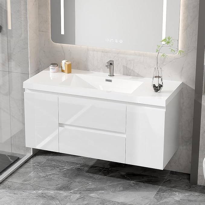 48 Inch Floating Bathroom Vanity with Sink, Large Storage Wall Mounted Floating Vanity with Soft Close Drawers, One-Piece Basin Bathroom Sink Cabinet (Glossy White, 48 Inch)