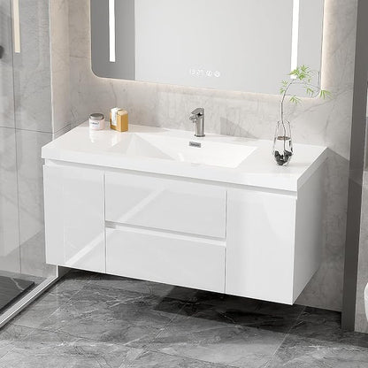 48 Inch Floating Bathroom Vanity with Sink, Large Storage Wall Mounted Floating Vanity with Soft Close Drawers, One-Piece Basin Bathroom Sink Cabinet (Glossy White, 48 Inch)