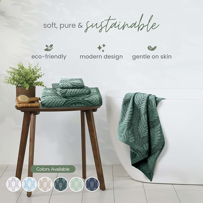 Martex Restore Fern Ogee Bath Towel – Soft, Absorbent, Moisture-Wicking and Quick to Dry – Lightweight for Everyday Use – Comfortable Feel with Convenient Loop for Hanging – 30" x 56" – Jade
