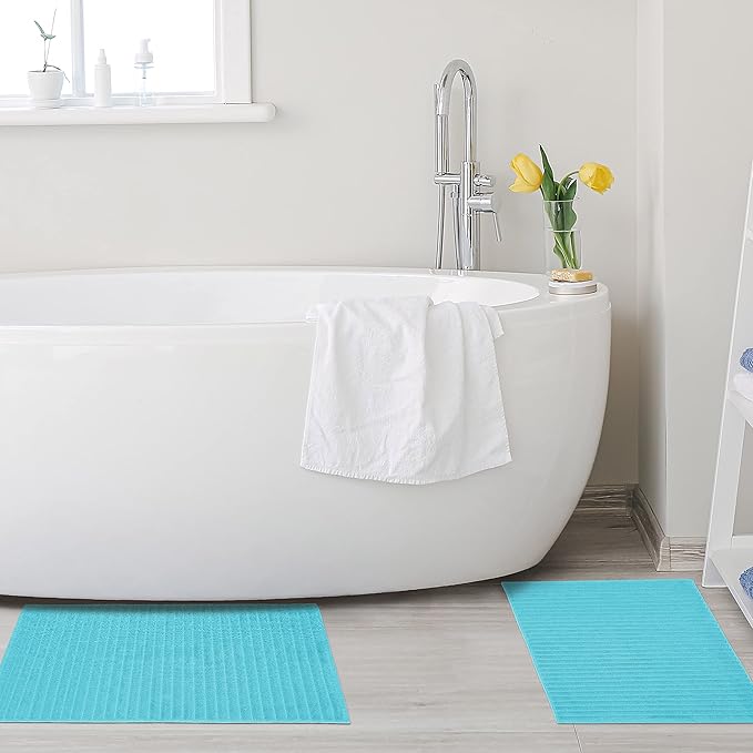 Superior Striped Bath Mat 2-Pack, 100% Combed Cotton, Luxury Spa Ribbed Texture, Durable and Washable Bathroom Mats - Turquoise, 22" x 35" each