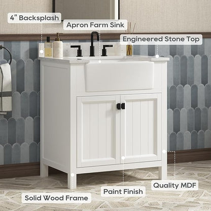 30 Inch Bathroom Vanity with Sink, Farmhouse Bathroom Sink Cabinet with Adjustable Feets, Solid Wooden Frame Single Sink Bathroom Vanity with Soft Closing Doors, Apron Farm Sink, White