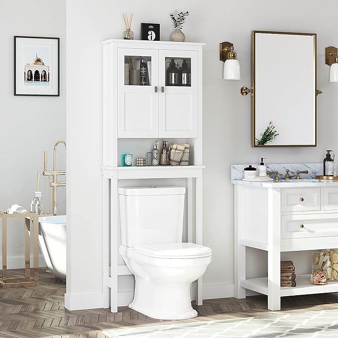 Spirich Bathroom Cabinet Over Toilet, Bathroom Storage Cabinet with Glass Doors and Adjustable Shelves, Over The Toilet Storage Cabinet, White