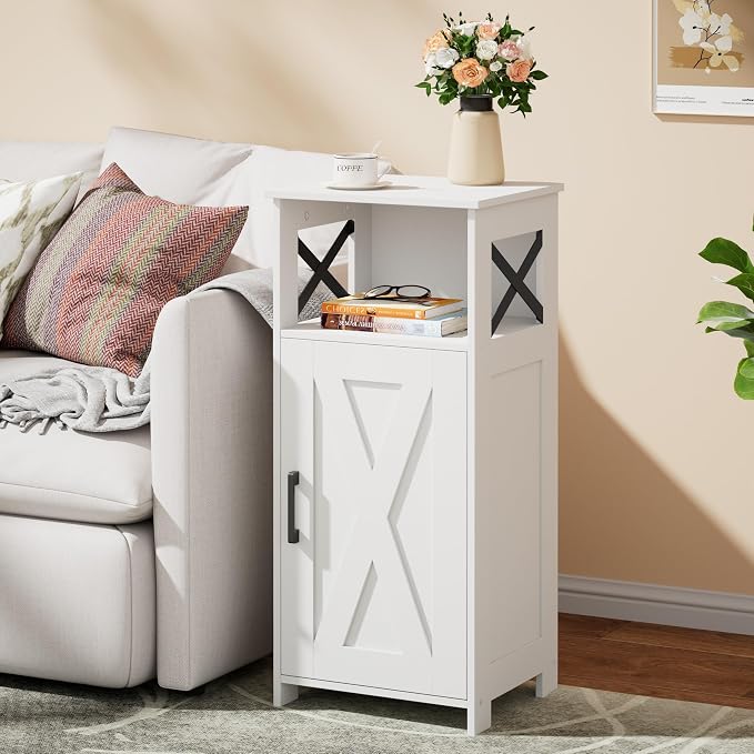 Homhedy Farmhouse Bathroom Storage Cabinet with Doors, Small Floor Cabinet | Toilet Paper Cabinet with Adjustable Shelf, Freestanding Storage Cabinet for Kitchen/Laundry/Living Room, 14"W, White