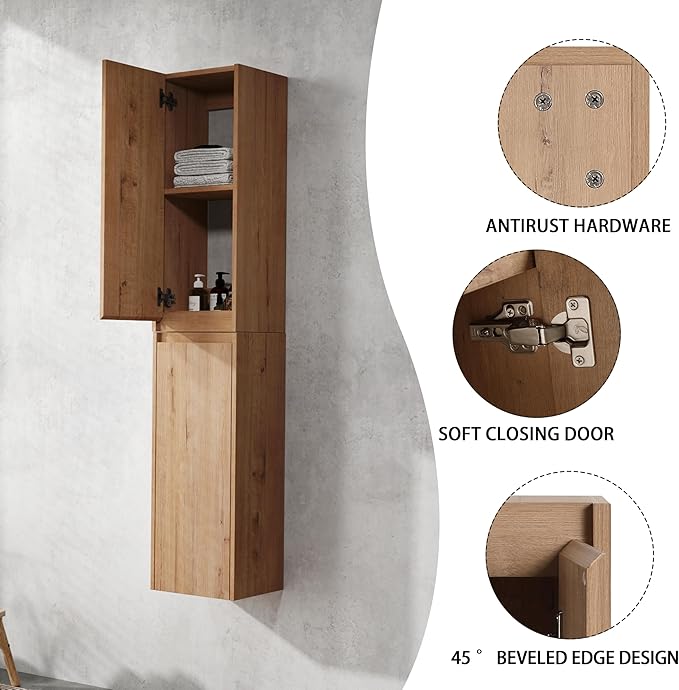 Henf 42" Floating Bathroom Vanity with Sink for Compact Space, Brown Wall Mount Bathroom Vanity Cabinet with Sink Combo, 42 Inch Bathroom Vanities Set with Open Storage Shelf & 2 Side Cabinet