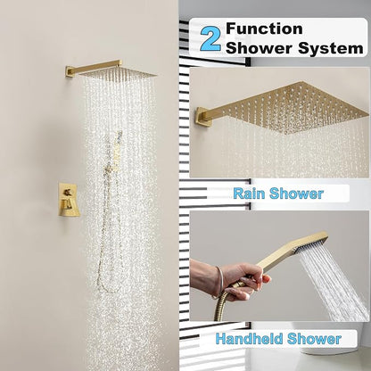 Brushed Gold Shower System with 12-Inch Rain Showerhead and Handheld | Innovative air-injection technology for low pressure, high-flow rate up to 3.22 GPM ensuring powerful consistent stream