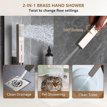 CASAINC 27x16 Inch Thermostatic Shower System Luxury 6 Functions Full Body Shower System with Sliding Rod 2 in 1 Handheld, LED & Music (Brushed Nickel)