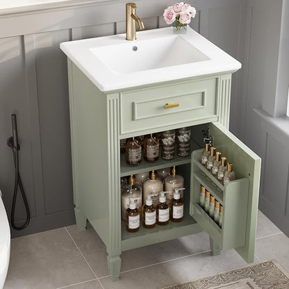 GDFStudio Hawthorne 20" Modern Bathroom Vanity with Sink, Freestanding Bathroom Vanity Organizer with Tilt Out Drawer, Adjustable Shelf and Solid Wood Legs, Single Sink Bathroom Vanity, Green