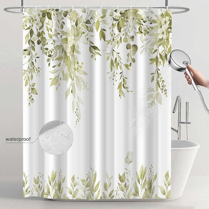 Beige Floral Eucalyptus Shower Curtain with Hooks, 72x72 Inch | Waterproof Fabric, Watercolor Leaves and Floral, Botanical Style, Machine Washable, Quick-Drying, for Hotel Bathroom
