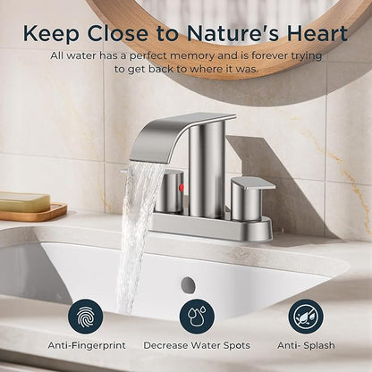 FORIOUS Bathroom Faucet 4 Inch Centerset Two Handles 2 Pack Brushed Nickel | Waterfall Bathroom Sink Faucet 2 or 3 Hole with Pop up Drain and 24" cUPC Hose, Suitable for RV Vanity Lavatory and Restroom