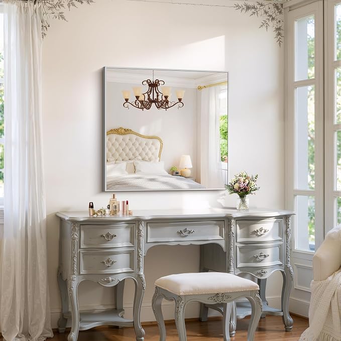YIROMAN Bathroom Mirror 36"x36",Brushed Silver Bathroom Mirror for Over Sink with Aluminum Frame, Square Vanity Mirror with Right Angle, Wall Mirror Hangs Horizontal or Vertical