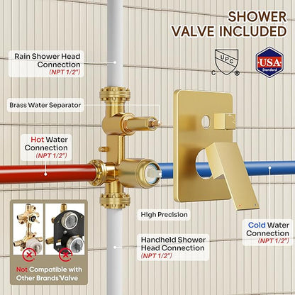 Gold Shower System, Shower Faucet Set with 10" Rain Shower head | All Metal Bathroom Wall Mounted High Pressure Shower head with handheld Combo Set Included Valve and Trim kit