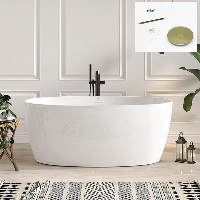 White freestanding bathtub in a bathroom with decorative elements.