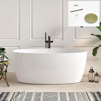 White freestanding bathtub in a bathroom with decorative elements.
