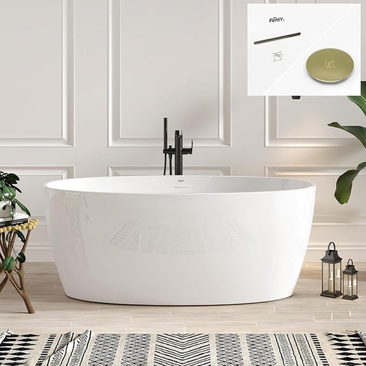 White freestanding bathtub in a bathroom with decorative elements.