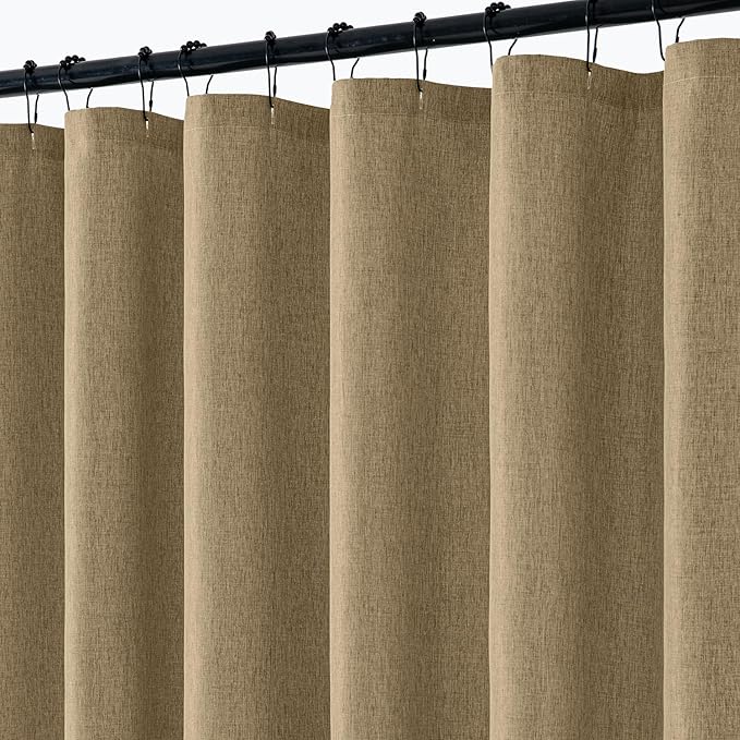 ANRODUO Khaki Extra Long Linen Fabric Shower Curtain Set - W72xL96 | Farmhouse Shower Curtain with 12 Metal Hooks, Waterproof Heavy Duty, Button Hole Design, Machine Washable for Bathroom