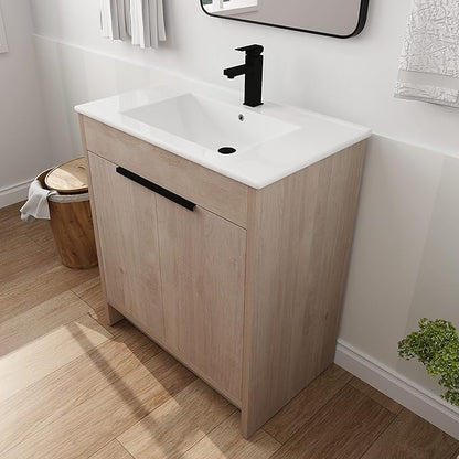 SSLine 30-Inch Bathroom Vanity with Sink Mid-Century Bathroom Vanities with Top Basin Floor Wood Bathroom Sink Cabinet with Soft-Close Doors & Adjustable Storage Shelves (Light Oak)