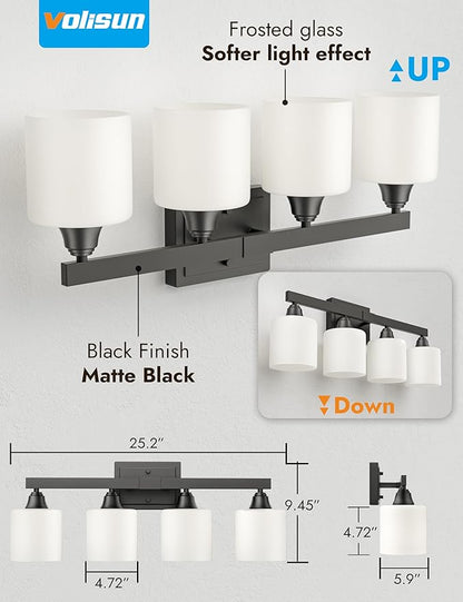 VOLISUN Matte Black Bathroom Light Fixtures, 4-Light Bathroom Vanity Lights Over Mirror, Modern Vanity Light for Bathrooms, Bathrooms Lights Fixtures Over Mirror with Milky White Frosted Glass Shades
