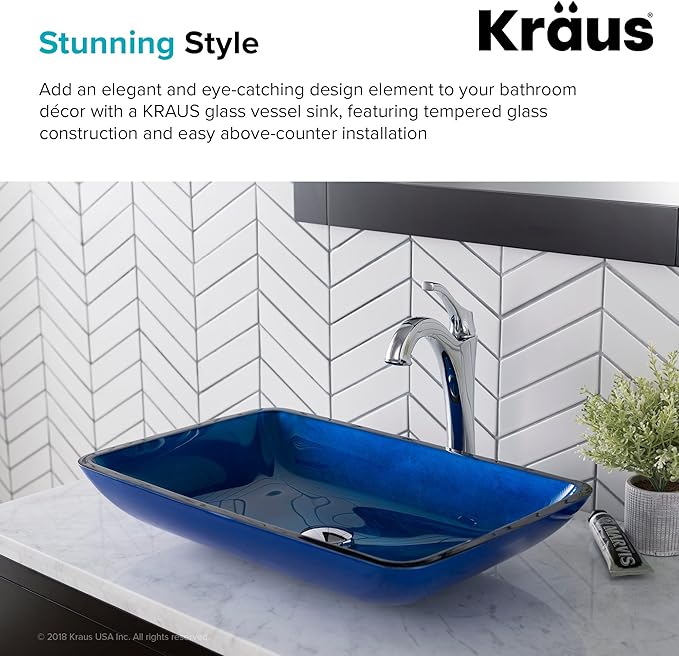 Kraus Irruption Blue Rectangular Glass Vessel Bathroom Sink with PU Chrome