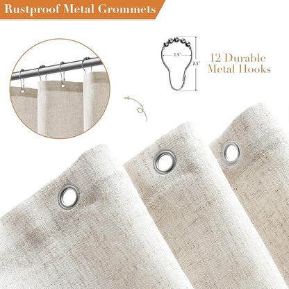 Extra Wide Linen Shower Curtain for Bathroom 108 Inch Cream Beige | 10ft Ceiling to Floor Wrap Around Bath Curtains with Hook, Neutral Boho Farmhouse, Natural Ivory Bath Decor, 1 Panel, 108x72