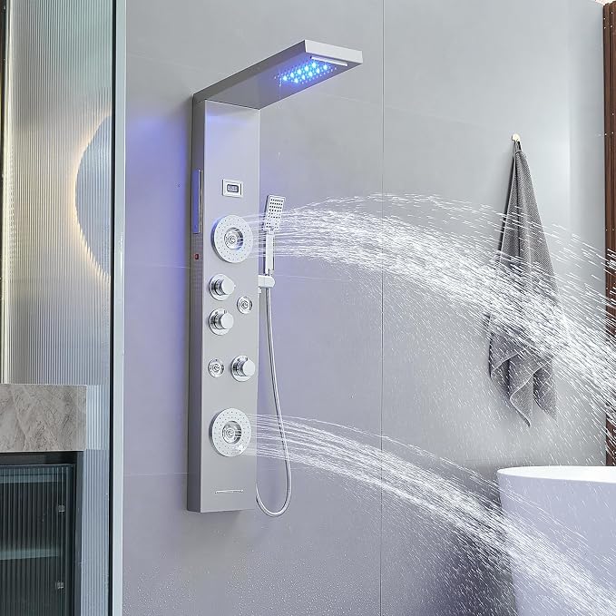 BWE 6 in 1 Shower Panel Tower System with LED Lights & Temp Display | Stainless Steel shower system with Rainfall, Waterfall, 2-Type Massage Jets, Handheld and Tub Spout, Brushed Nickel