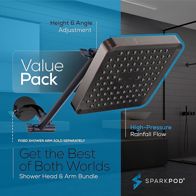 SparkPod 6" Square Rain Shower Head with 11" Shower Arm | Shower Head & Extension Arm Combo, Height Adjustable, High Pressure Performance, Easy 1-Minute Installation,Oil-Rubbed Bronze