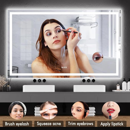 LED Bathroom Wall Mirror 60 x 36 Inch, Frameless Vanity Mirror with Front Light & Ambient Backlight, Single Front LED Strip with 150mm Suction 3X Mirror, Dimmable & Adjustable Color Tempera