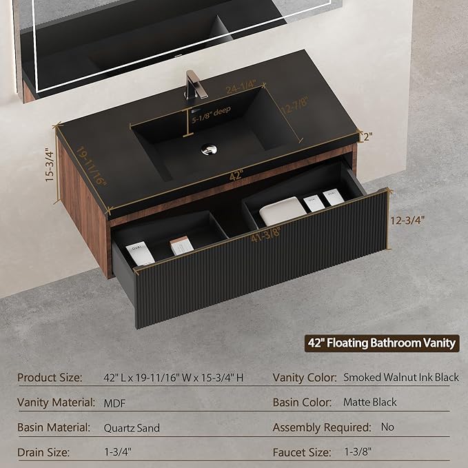 42 Inch Floating Bathroom Vanity with Sink, Modern Black Wall Mounted Floating Vanity with Scratch-Resistant Quartz Sand Basin, Soft Closing Drawers, Fully Pre Assembled Bathroom Vanity