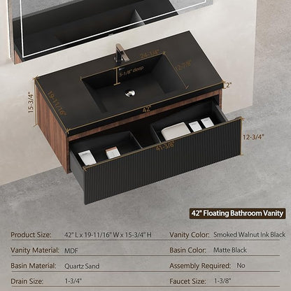 42 Inch Floating Bathroom Vanity with Sink, Modern Black Wall Mounted Floating Vanity with Scratch-Resistant Quartz Sand Basin, Soft Closing Drawers, Fully Pre Assembled Bathroom Vanity