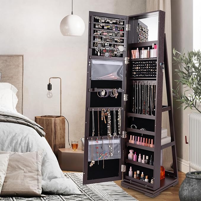GOFLAME 360° Rotating Jewelry Armoire, Lockable Jewelry Cabinet with Full-Length Mirror & Inner Makeup Mirror, Standing Jewelry Storage Organizer with Rear Storage Shelves, Espresso