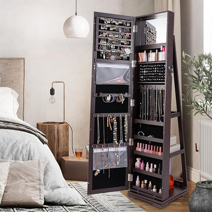 GOFLAME 360° Rotating Jewelry Armoire, Lockable Jewelry Cabinet with Full-Length Mirror & Inner Makeup Mirror, Standing Jewelry Storage Organizer with Rear Storage Shelves, Espresso