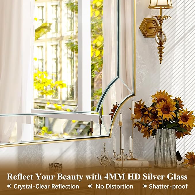 30x40 Scalloped Bathroom Mirror, Gold Rectangle Wall Mirror with Scallop Corner, Non-Rusting Vanity Mirror with Curved Cutouts, Well Made Antique Mirror Hangs Horizontal & Vertical