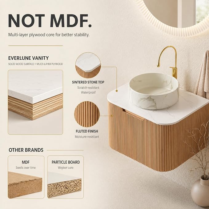 24 Inch Bathroom Vanity with Sink, Floating Wall Mounted Single Sink Vanity for Small Baths, Natural Woodgrain Curved Fluted Front, Stone Top, Marble-Look Round Vessel Basin, Pre-Assembled