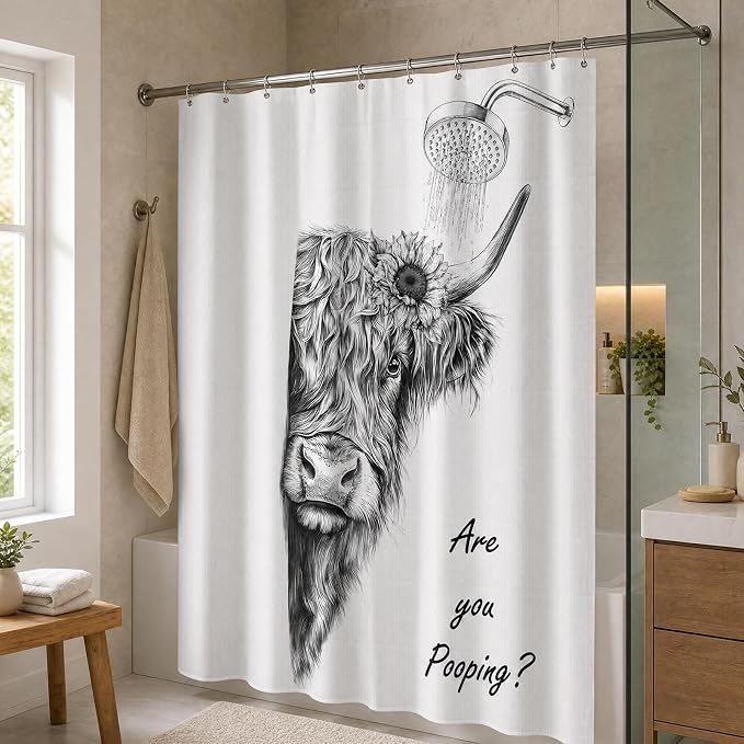 Funny Cow Shower Curtain, Fun Highland Cow Farmhouse Bath Curtain | 72x72 Inches, Waterproof Polyester Fabric, Cute Western Cattle Bathroom Decor for Home Decorations, Includes 12 Hooks