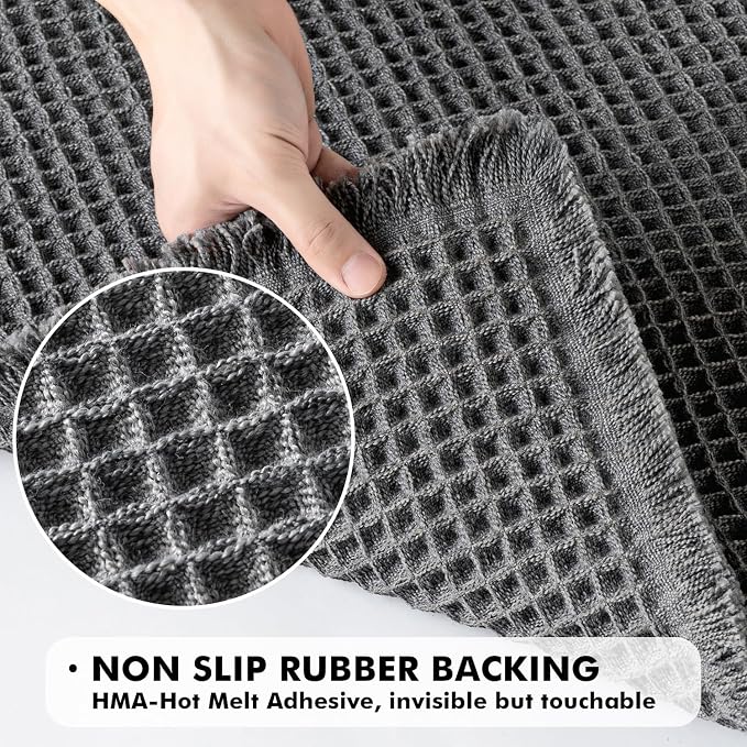 MIULEE Set of 2 Waffle Bathroom Rugs Boho Bath Mat Dark Grey 17x24 Inch | Non Slip, Super Absorbent, Washable, Ultra Soft, Rubber Backed, Small Bath Rugs for Bathroom Floor Tub Shower