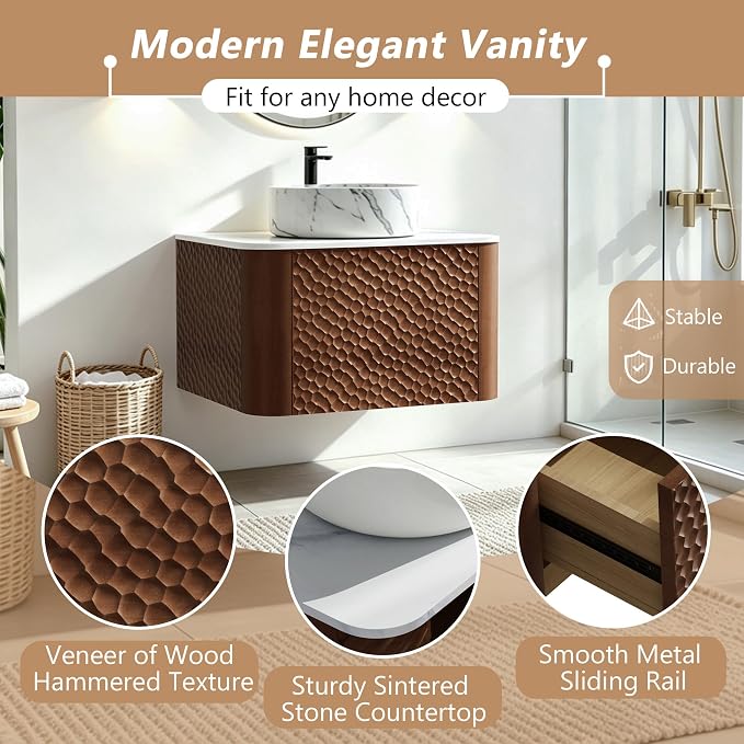 24 Inch Modern Bathroom Vanity with Ceramic Sink, Floating Bathroom Vanity Cabinet with Sintered Stone Top&Solid Wood Hammered Frame, Single Sink Bathroom Vanities w/Soft-Close Drawers,Walnut