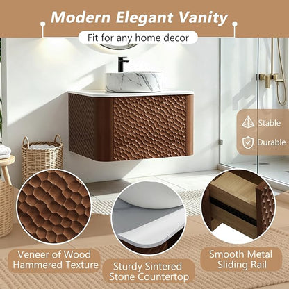 24 Inch Modern Bathroom Vanity with Ceramic Sink, Floating Bathroom Vanity Cabinet with Sintered Stone Top&Solid Wood Hammered Frame, Single Sink Bathroom Vanities w/Soft-Close Drawers,Walnut