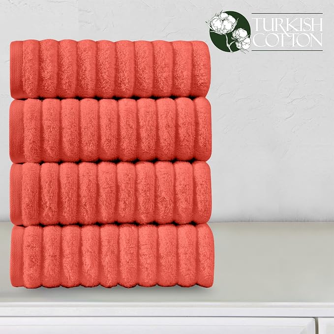 Elegant Comfort Luxury 100% Turkish Cotton Corduroy Ribbed 4 Pack Hand Towel Set 16 x 28 Inch - Absorbent, Super Soft, Quick Dry, Premium Towels for Bathroom, Gym, Spa and Hotel Use, Coral